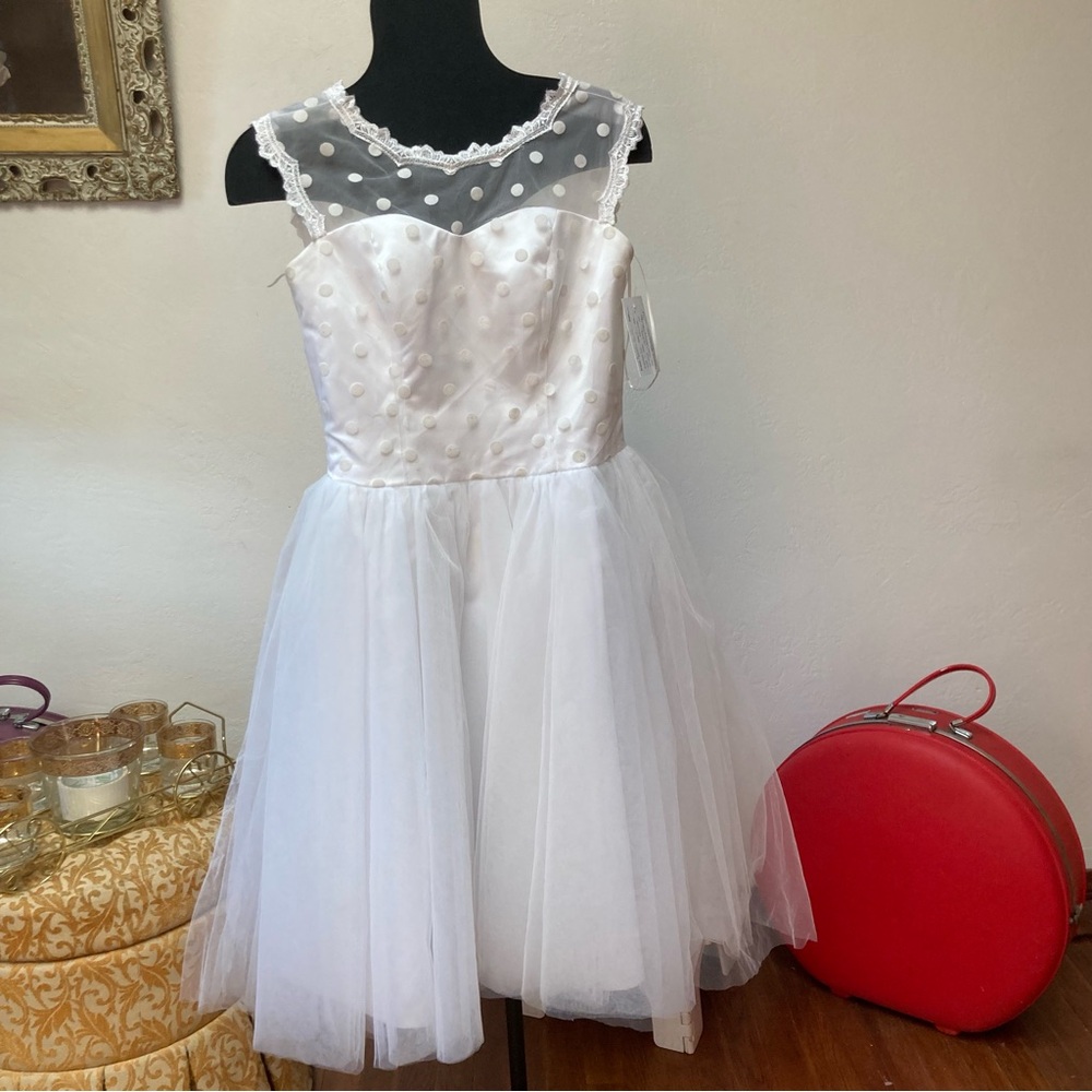 Vintage inspired Knee length tulle organza swiss dot wedding bridal dress NWT